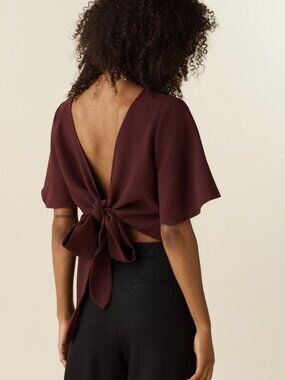 VETTA Flutter Sleeve Wrap Top, Burgundy Convertible Vetta Capsule Blouse